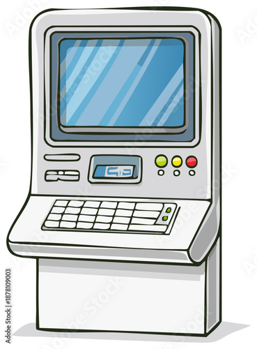 Cartoon illustration of a vintage computer terminal with a keyboard and screen