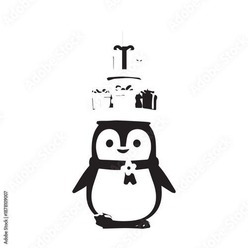 Playful penguin illustration wearing a bow tie and top hat on white background.