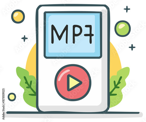 Cute Hand Drawn MP3 Music Player Device with Play Button and Decorative Elements