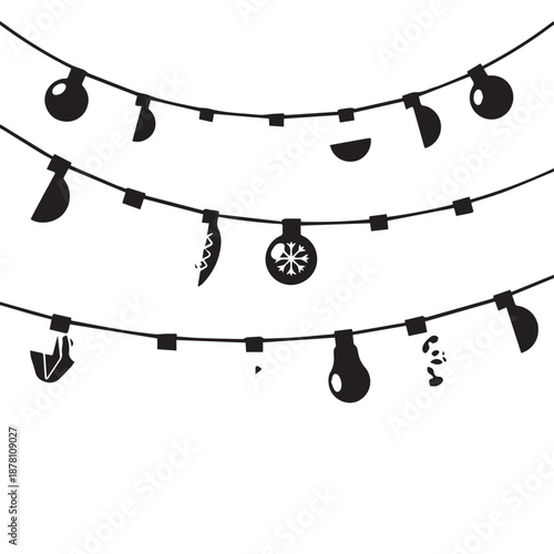 Decorative string lights with hanging ornaments along a clothesline creating a whimsical festive display.
