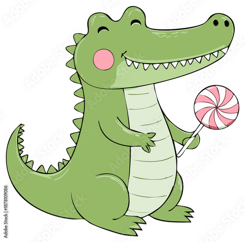 Cartoon green alligator character with a lollipop smiling happily