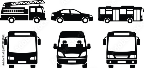 Vehicle silhouette set, 6 black vector icons of fire truck, sedan, city bus, and front-facing transport vans