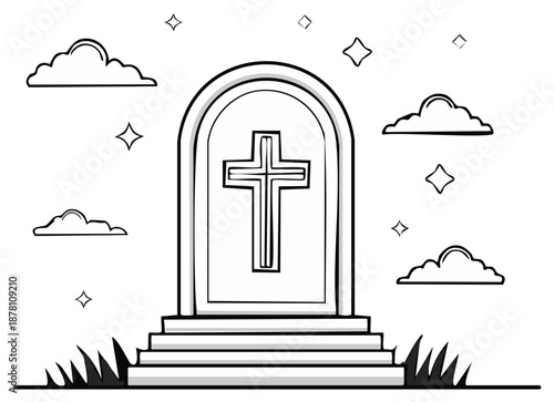 Tombstone with cross and clouds illustration