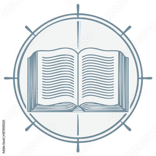 Open book and nautical wheel logo concept for knowledge and exploration