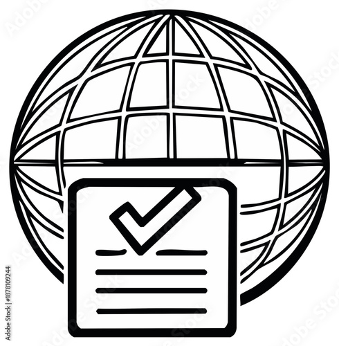 Global Agreement Symbol with Globe and Document Checkmark Icon for Website Approval and Acceptance