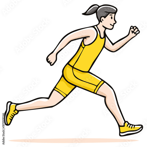 Athletic woman in yellow running suit in motion with ponytail athletic female runner sprinting forward determined facial expression