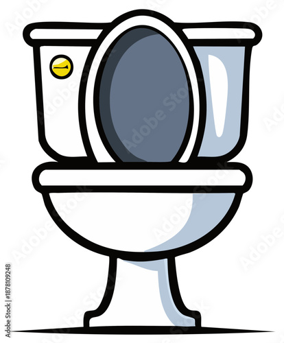 Cartoon illustration of a white porcelain toilet with the seat up in a clean simple style