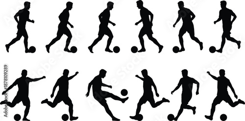 Soccer player silhouette set, 12 black vector icons of dynamic football poses with ball