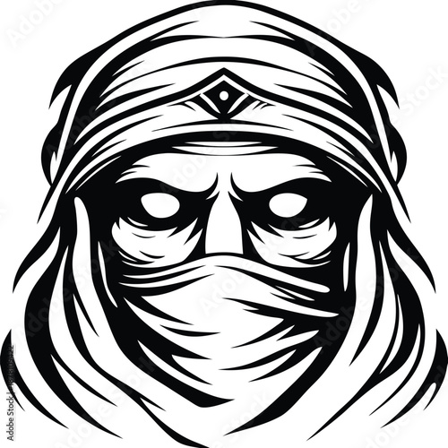 A menacing nomad with a covered face stares out intensely, rendered in stark black