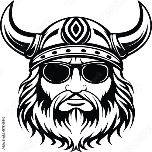 A nordic warrior with a horned helmet and sunglasses stares forward boldly in monochrome