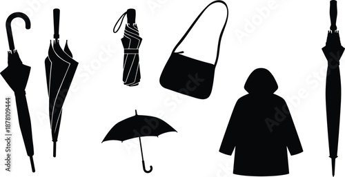 Rain gear silhouette set, 8 black vector icons of umbrellas, raincoat, shoulder bag, and compact umbrella