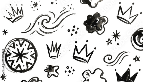 Symbolic sketch icon set, black vector illustrations of crowns, compasses, swirls, starbursts, and abstract motifs