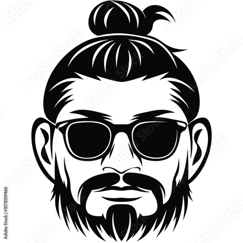 A man with sunglasses, beard, and a topknot hairstyle looks stylish in black