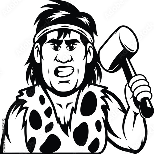 Aggressive cartoon caveman shows his teeth and raises a large mallet above his head