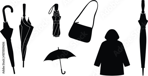 Rain gear silhouette set, 7 black vector icons of umbrellas, raincoat, and shoulder bag