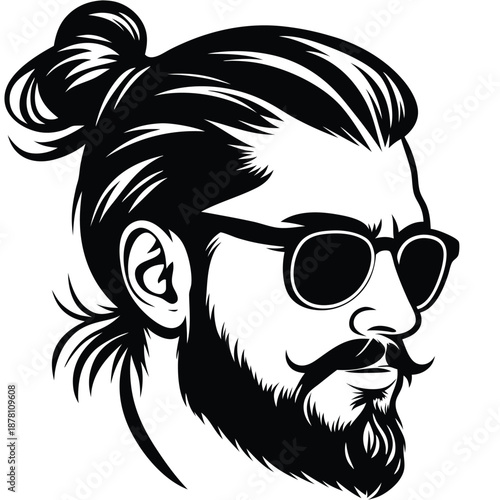 Bearded hipster man sporting sunglasses and a man bun stares confidently to the side