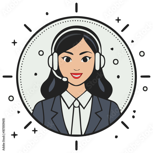 Female customer service representative wearing a headset, smiling, and helping clients in a circle.