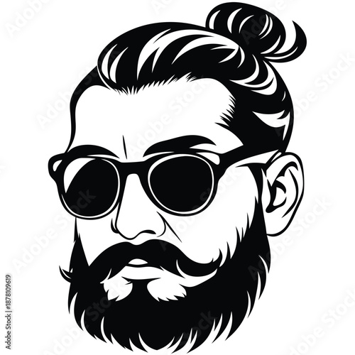 Bearded hipster man with sunglasses showcases an elegant man bun hairstyle in monochrome