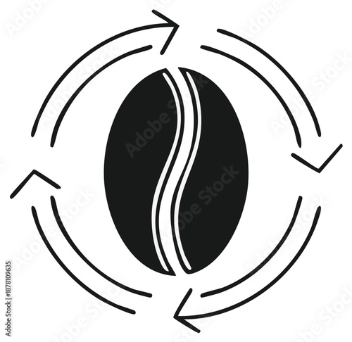 Stylized coffee bean with circular arrow process flow diagram icon