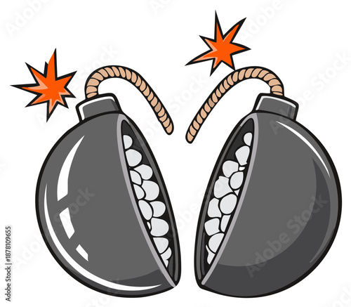 Two cartoon bombs exploding with sparks and showing their insides