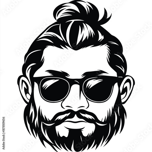 Bearded hipster portrait showcases stylish topknot hairstyle and black sunglasses in monochrome