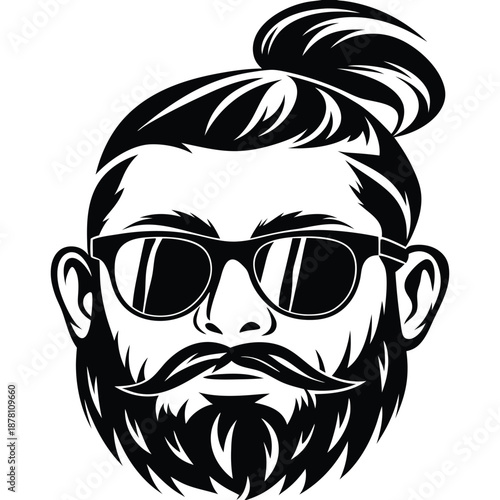 Bearded hipster showcases a man bun and stylish glasses in black and white