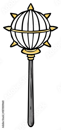 Medieval cartoon style mace weapon with spiky ball head and stick handle for defense or fantasy battle