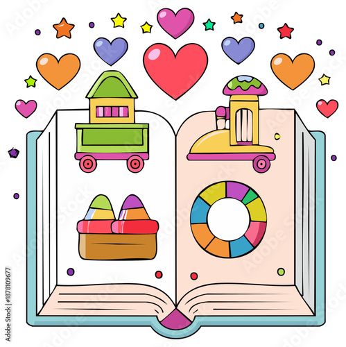 Colorful Open Storybook with Children's Toys Hearts and Stars Illustration