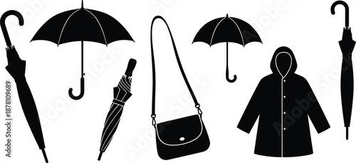 Rain gear silhouette set, 8 black vector icons of umbrellas, raincoat, and shoulder bag