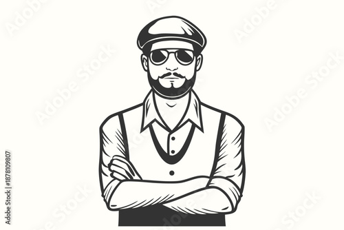 Bearded man confidently crosses his arms wearing a cap, vest, and sunglasses in vector