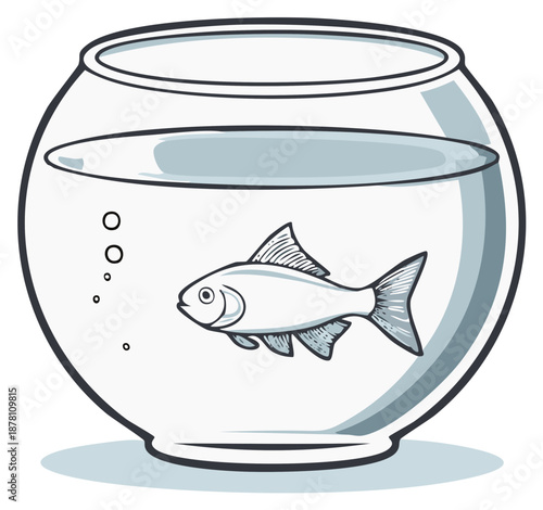 A single fish swimming in a round glass fishbowl cartoon illustration