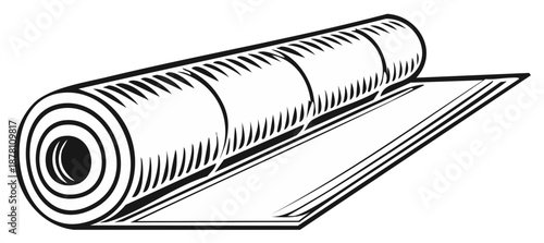 Rolled-up mat or roll unfolding in vector, black and white illustration