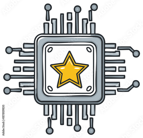 Hand drawn CPU microprocessor with a star symbol representing premium quality technology