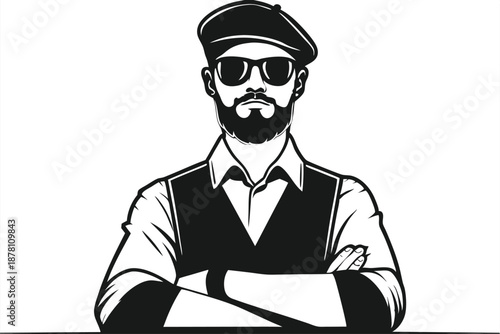 Bearded man in beret and sunglasses stands confidently with arms crossed, a solid monochrome image