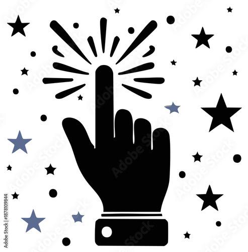 Finger Touch with Sparkles and Stars Pressing Interface Button for Online Action or Interaction Technology