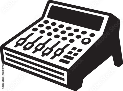 A black and white illustration of an audio sound mixer with faders and knobs for studio control