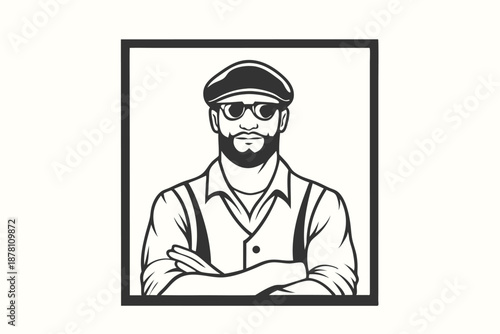 Bearded man in sunglasses and cap confidently crosses his arms inside the frame