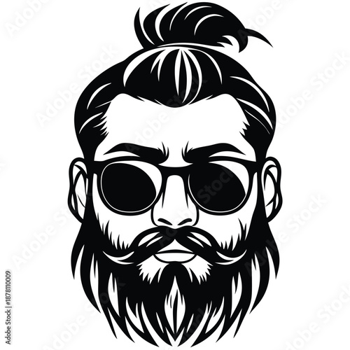 Bearded man shows a serious expression while wearing shades and keeping hair up