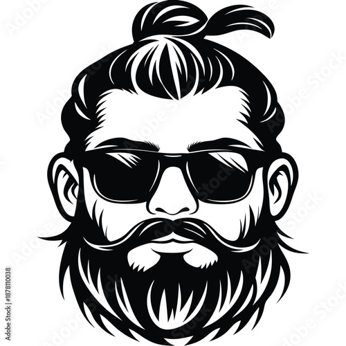 Bearded man silhouette sporting sunglasses and a topknot hairstyle shows striking, modern style
