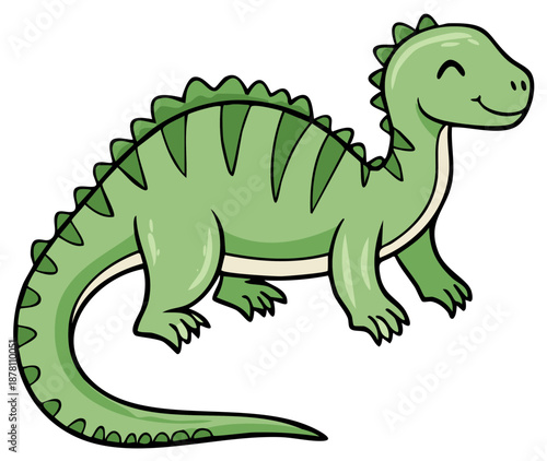 Cute Green Cartoon Dinosaur Brontosaurus with Smiling Face and Spikes Illustration