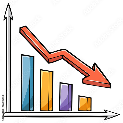 Cartoon bar chart with red downward arrow depicting a sharp business decline and financial loss
