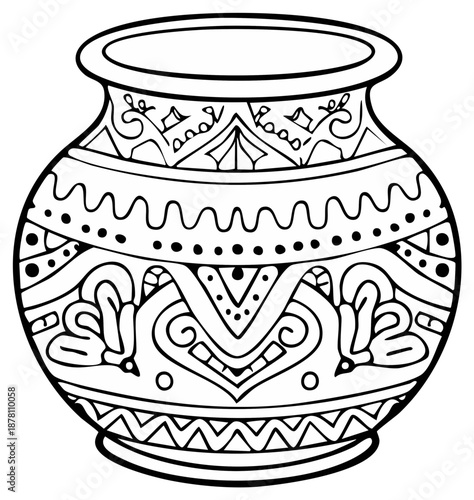 Traditional Decorative Ceramic Pot with Intricate Ethnic Patterns and Borders