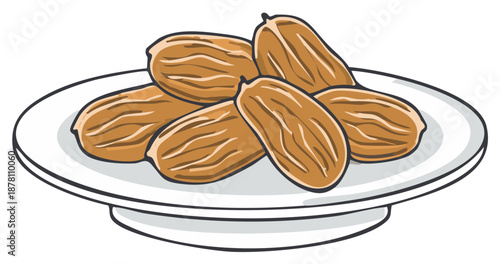 Sweet brown dates piled on a white serving plate cartoon vector