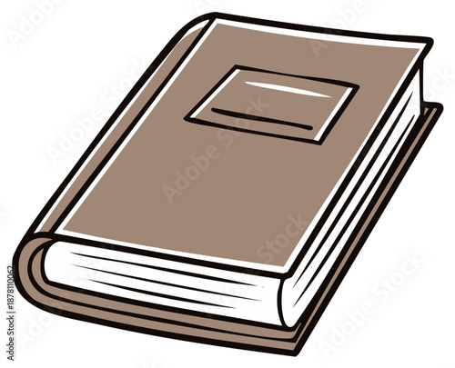 Cartoon illustration of a closed hardcover book with detailed pages and a rectangular design