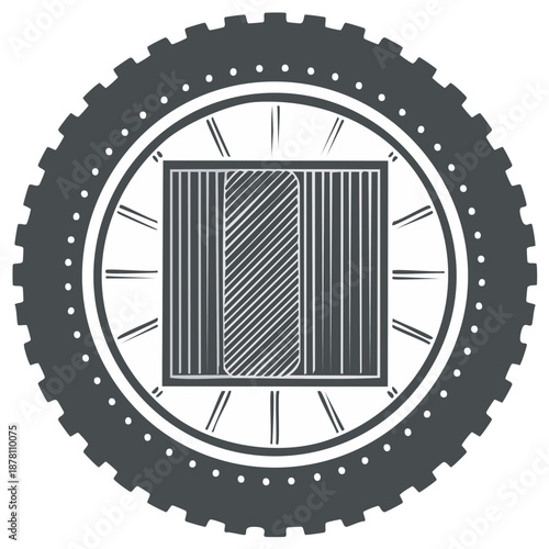 Stylized motorcycle wheel emblem with abstract tire tread and spokes