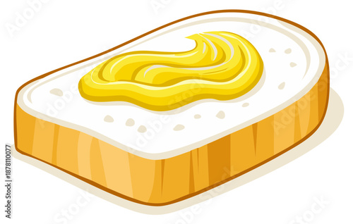 Delicious slice of bread with creamy yellow spread topping isolated on white