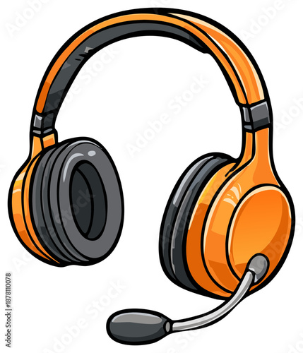 Vibrant orange and gray gaming headset with boom microphone cartoon style vector illustration graphic
