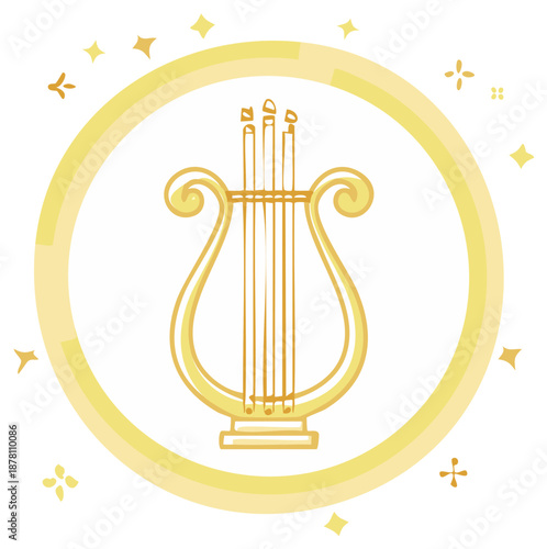 Illustration of a golden lyre, inside a circle with stars and floral elements.