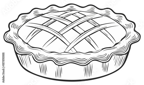 Engraved style drawing of a whole homemade pie with decorative lattice crust and fluted edge