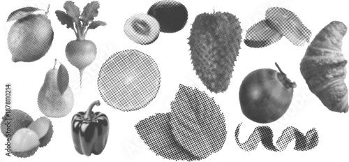Black and White Halftone Collage of Fruits, Vegetables and Bakery Items in Retro Pop Art Dot Pattern Style